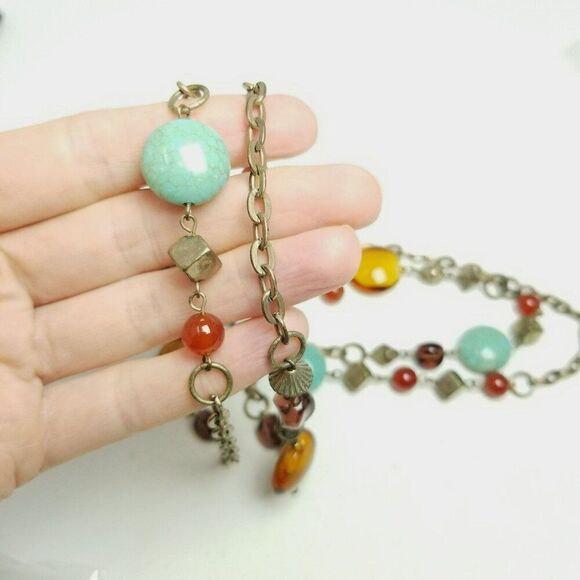 Vintage Premier Designs Long Blue Orange Beaded Chain Necklace, Adjustable Clasp - Picture 3 of 6